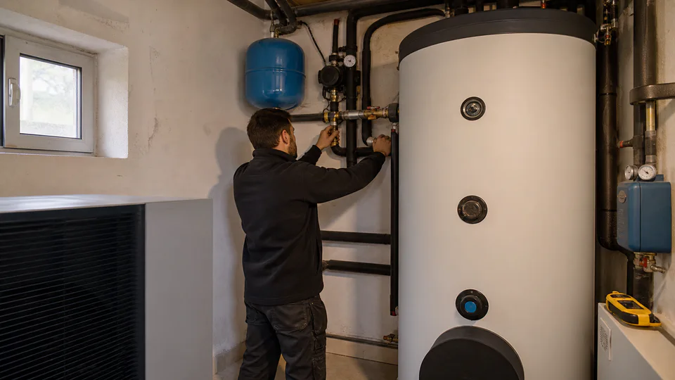 aerotermia deposito acs sala tecnica, imagen editorial sobre soluciones energéticas