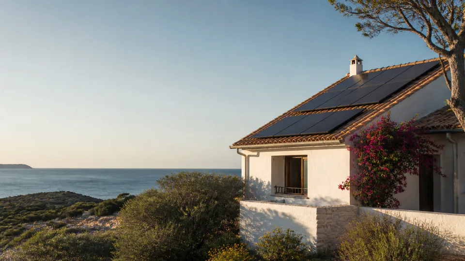 Paneles solares sobre una vivienda mediterránea